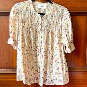 BA&SH Blouna Blouse in Sheer Natural with Floral Print and Pleat Detail
